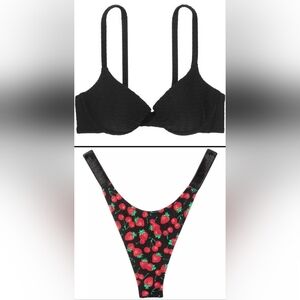 36D3/XL VS Swim Icon PushUp Bikini Top Shine Strap Thong Bikini Set Strawberry
